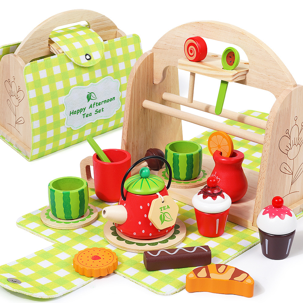Transfronterizo de madera té de la tarde helado postres simulación set de té caja de mano juguetes de puzzle para niños pequeños