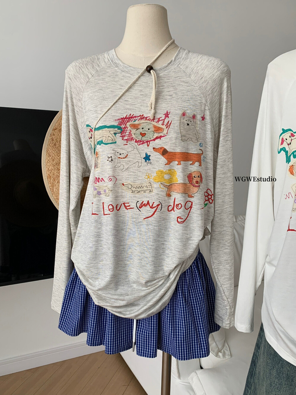 WGWE 夏韓国動物プリント長袖 T シャツデザインはゆったりと快適なテンセル長袖日焼け止めシャツ W6324|undefined