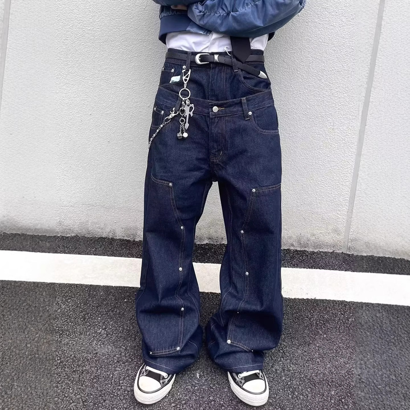 Cross-Border Street Style European and American Double Waistband Patchwork Men's Hip-Hop Jeans New Trendy Brand Loose Straight Jeans