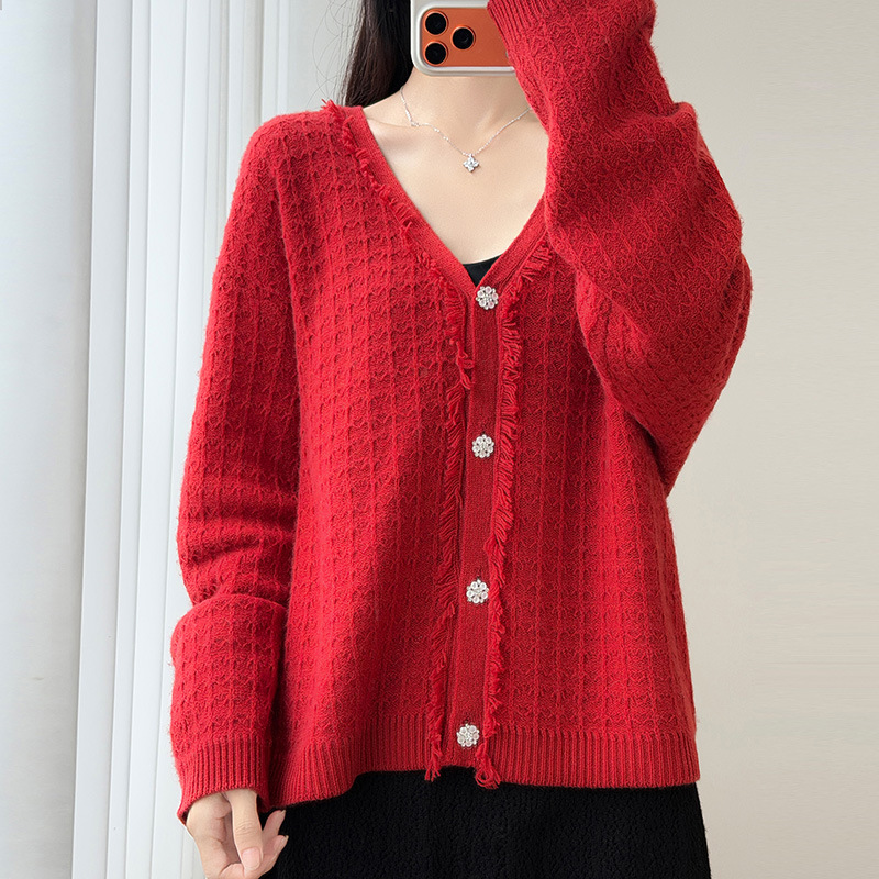 New autumn V-neck frayed 100% pure wool knitted cardigan for women, long-sleeved, loose-fitting, slimming, elegant sweater outerwear New autumn V-neck frayed 100% pure wool knitted cardigan for women, long-sleeved, loose-fitting, slimming, elegant sweater outerwear