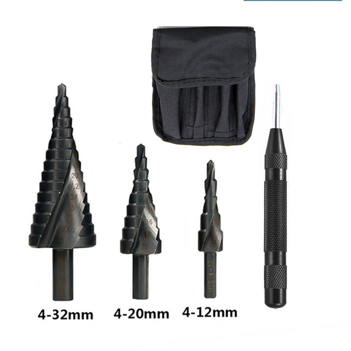 Broca escalonada de ranura espiral transfronteriza, juego de 3 piezas, vástago triangular, nitridada en negro, broca escalonada tipo pagoda, acero aleado