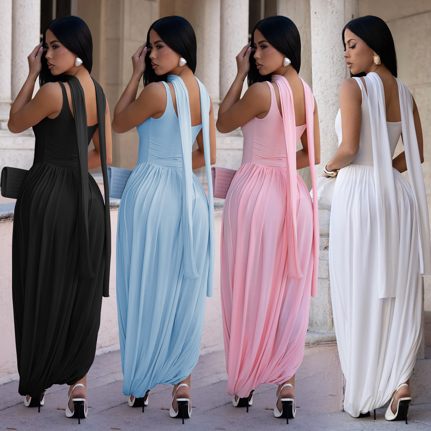 C7659 Aliexpress transfronterizo Amazon Europa y América de moda femenina sexy color sólido vestido de banda bifurcada