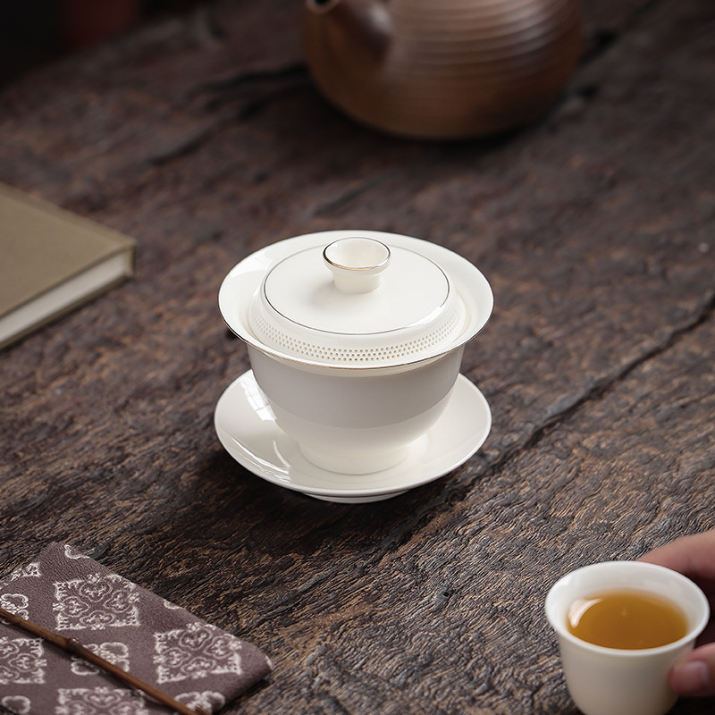 Porcelain Lidded Bowl with Jade-Like Finish, Ceramic Three-Piece Tea Brewing Bowl, 360-Degree Water Outlet, Anti-Scalding Tea Maker with Gold Detailing Porcelain Lidded Bowl with Jade-Like Finish, Ceramic Three-Piece Tea Brewing Bowl, 360-Degree Water Outlet, Anti-Scalding Tea Maker with Gold Detailing