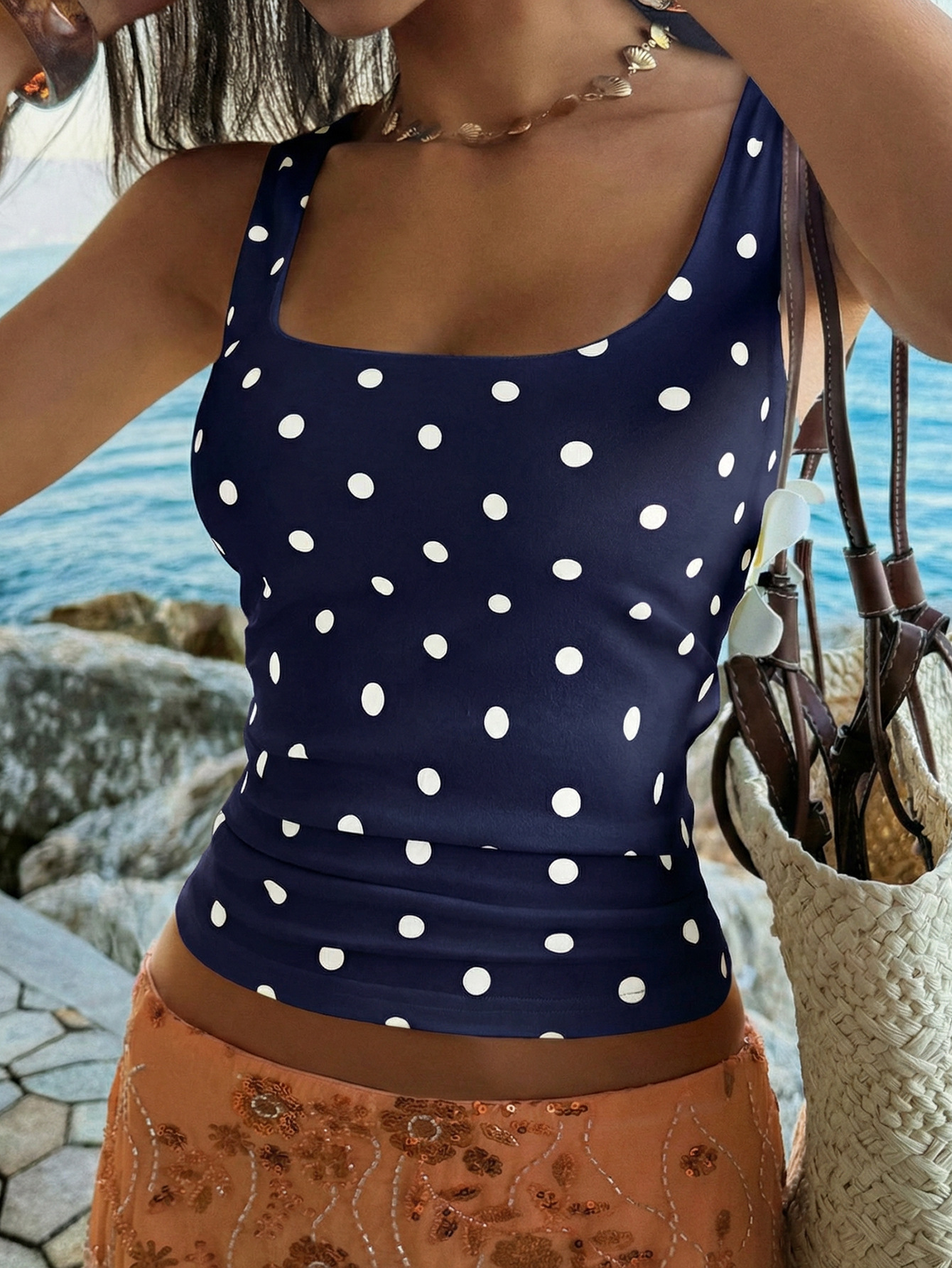 Women's Polka Dot U-Neck Sleeveless Top, Cute & Flowy Vacation Blouse For Summer_ecoleips.com