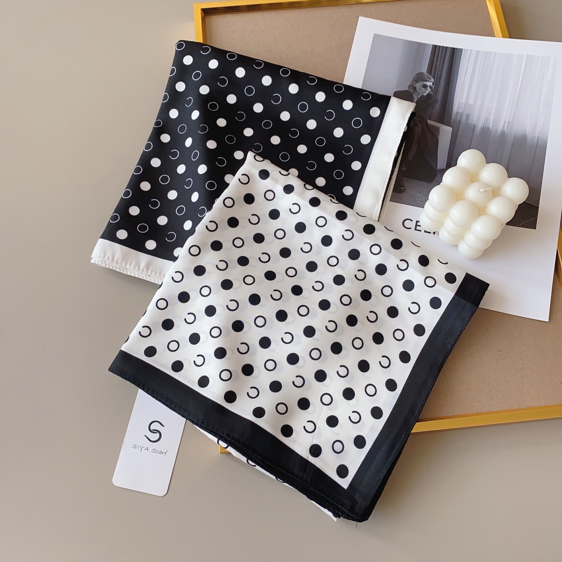 Nuevo temperamento blanco y negro ondulado pañuelo decorado pañuelo de seda de tela de twill pañuelo de seda de moda universal pañuelo de mujer