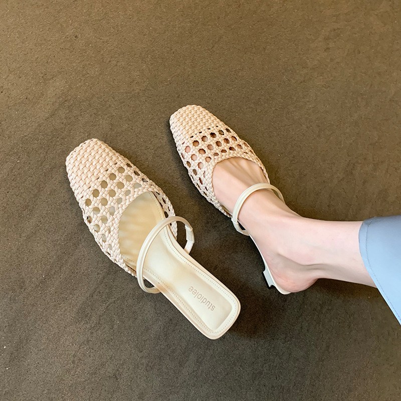 Woven summer women's slippers made of sheepskin leather square toe…