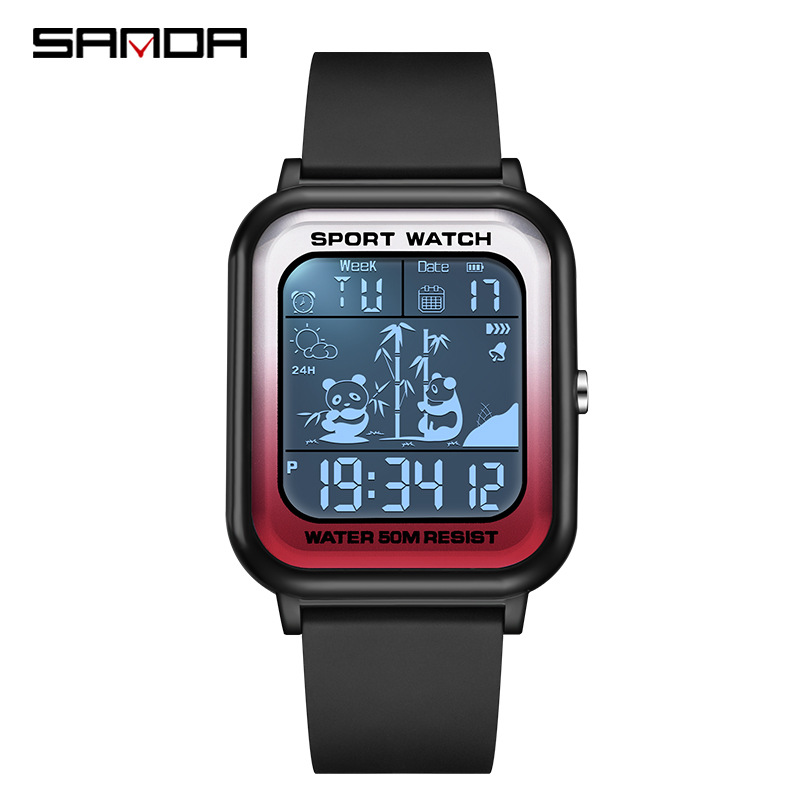 三达单键国宝熊猫卡通手表方形渐变电子手表户外夜光防水学生手表