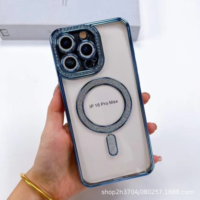 アップルiPhone16の新しいサイドドリル磁気吸引携帯電話15メッキフラッシュ粉14promax保護カバーを適用|undefined