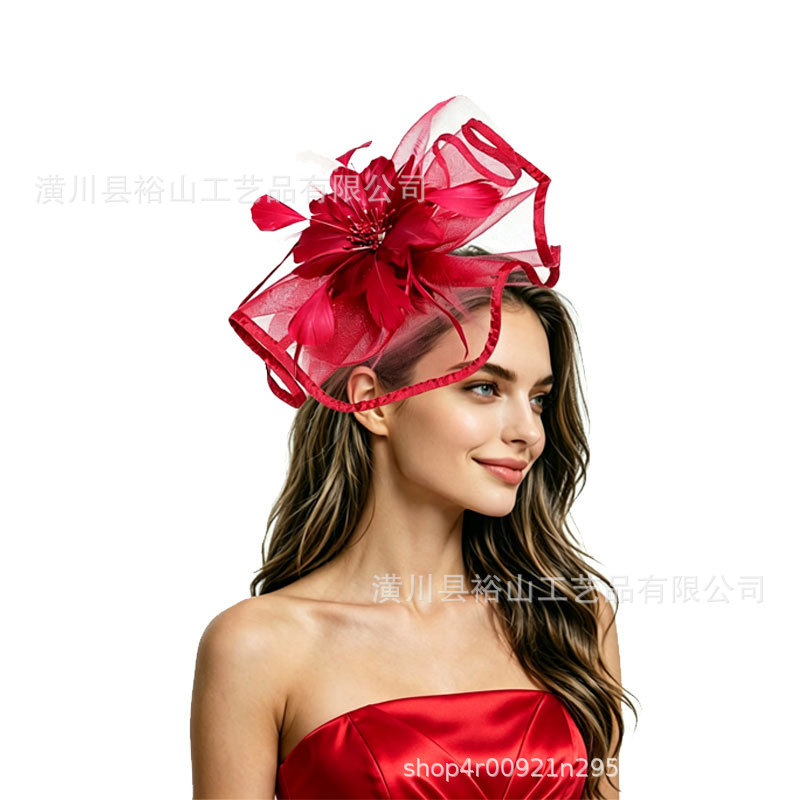 Cross-border European and American bridal hair accessories, fashionable feather headpiece, Amazon vintage horse racing festival mesh mini hat for women