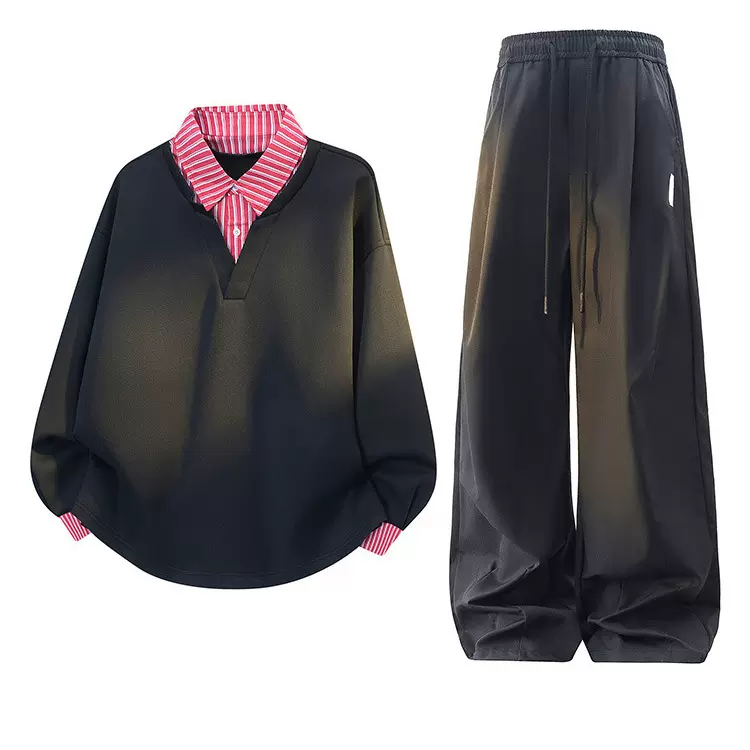 NASA美式拼接翻领卫衣套装春秋季假两件翻领卫衣直筒卫裤休闲套装