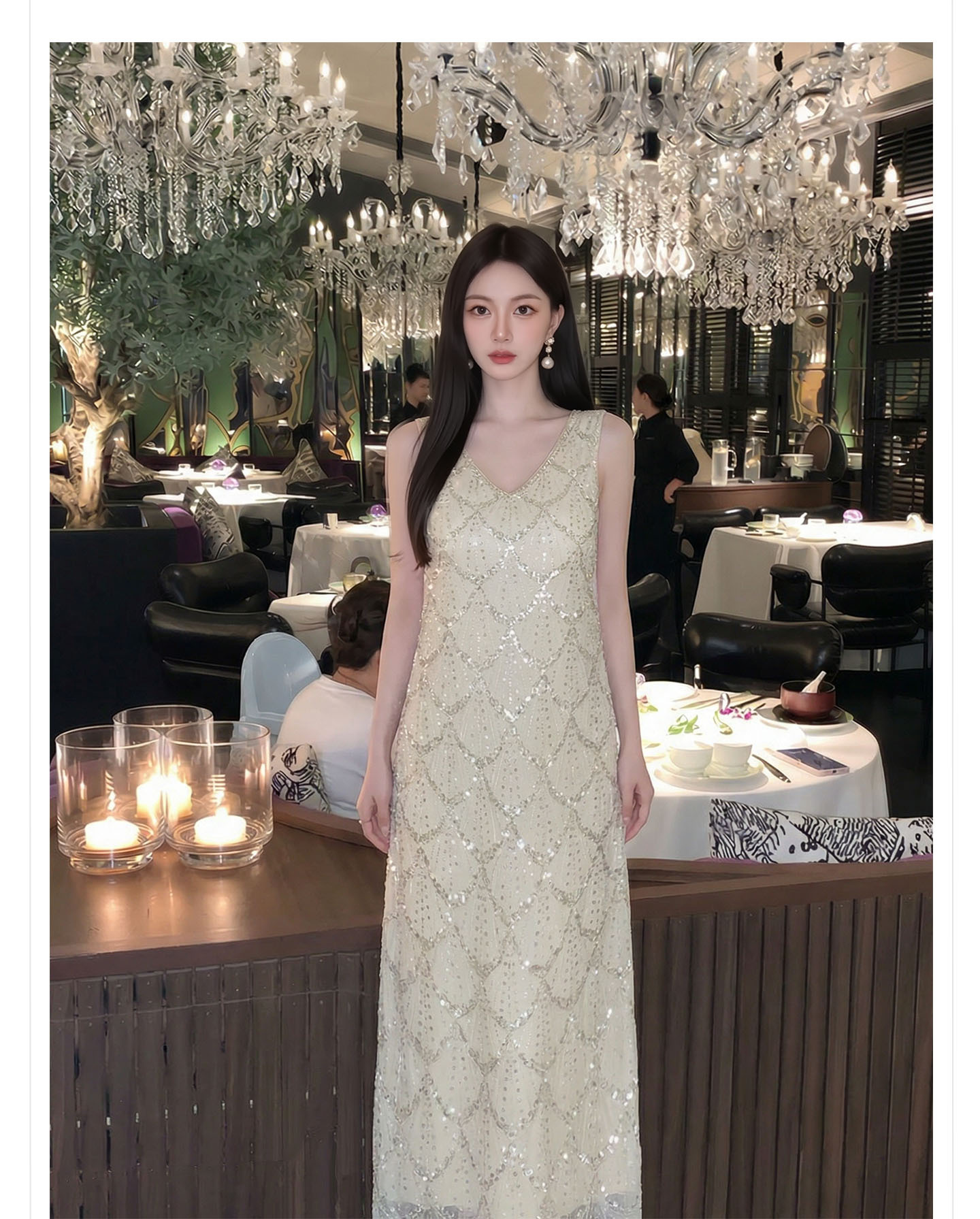 Đầm suông nữ midi tay lỡ phong cách cổ điển đính cườm — màu trắng ngà chi tiết 8