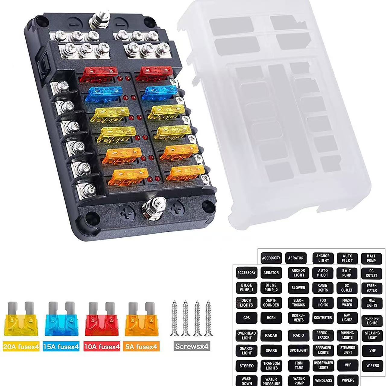 Car Fuse Box with Negative Terminal, Plug-In Screw Type, Multi-Way Fuse Box, Led Indicator Light, Boat and Car Accessories