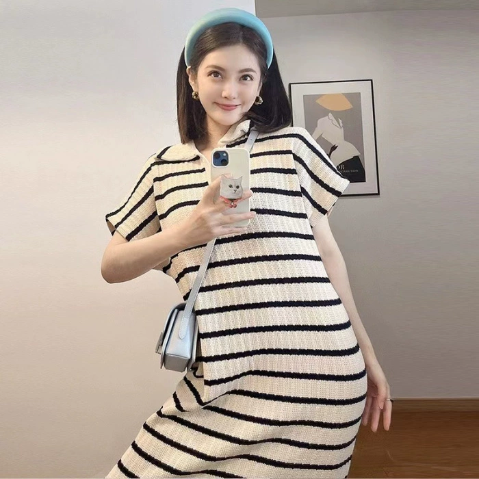 Knitted fashionable postpartum dress for pregnant for breastfeeding, 2023, polo collar, french style