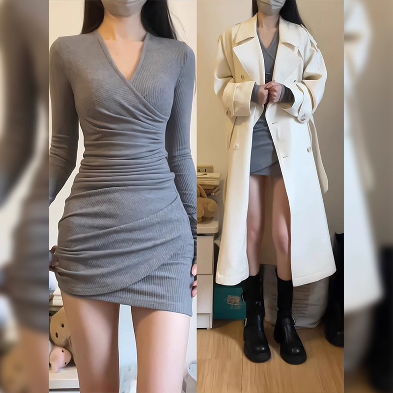 Grey V-neck Knitted Hip dress Women's Spring and Autumn Coat Inner Waisted Slim-fit Slim-fit Base Short Skirt