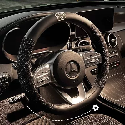 Car Steering Wheel Cover for Women, Universal for All Seasons, Simple Cotton and Linen Sweat-Absorbent Anti-Slip High-End Camellia Handlebar Cover