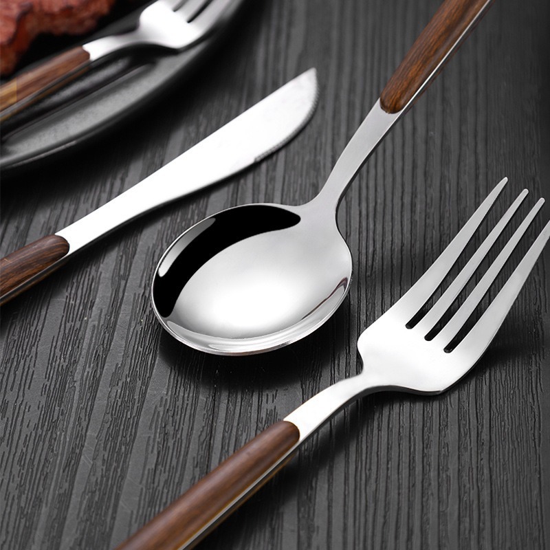 Amazon 模造木製ハンドルポルトガル 430 ステンレス鋼食器西洋ステーキナイフ、フォーク、スプーンクリップハンドルセット卸売|undefined