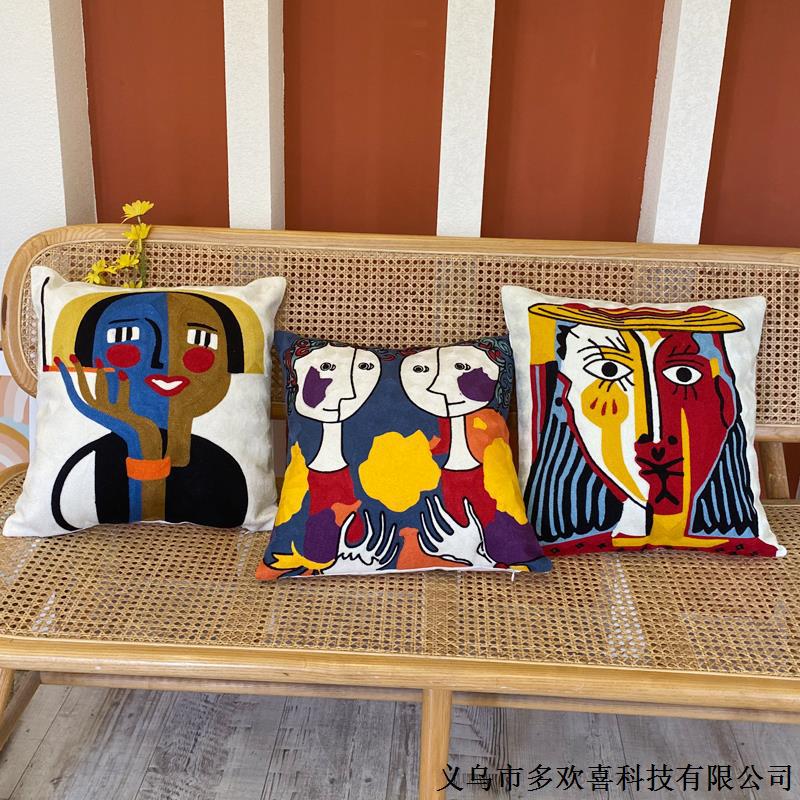 American Embroidered Cushion Contrasting Color Original Stereo Hand Embroidered Pillow Cotton Canvas Cushion Bag Picasso Abstract Pillowcase