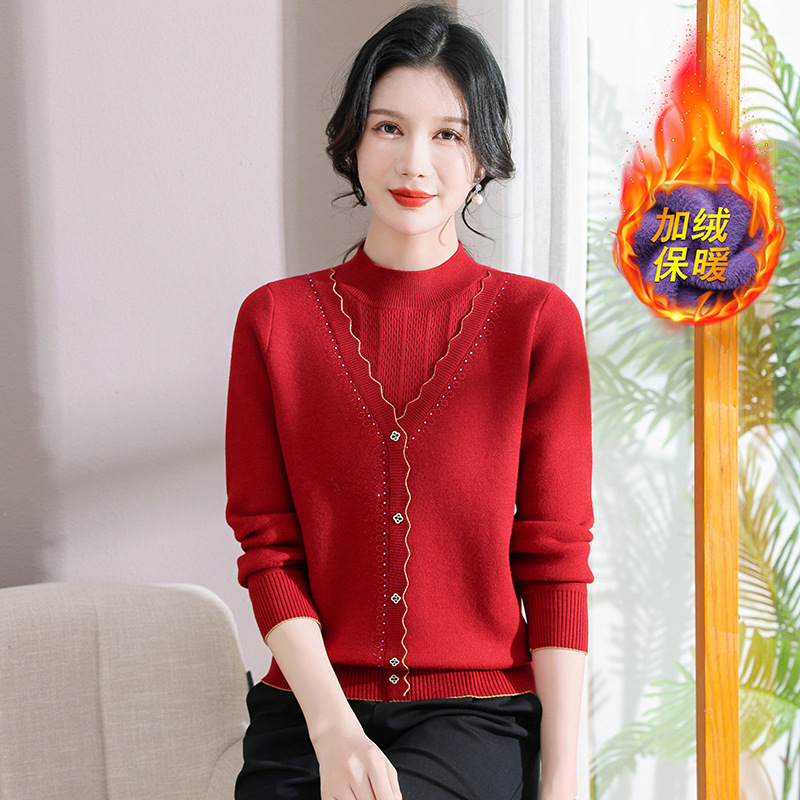中老年女装时尚假两件针织衫秋冬加绒加厚保暖毛衣大码宽松妈妈装，女装针织衫/毛衣，妃慕昵服饰