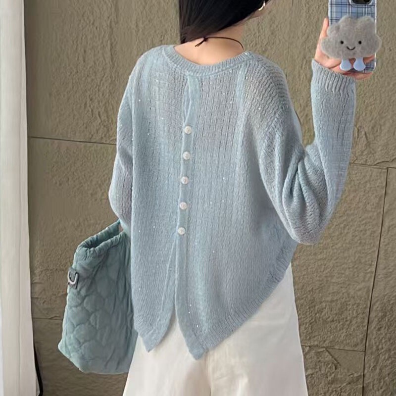 2025 Spring New Style Knitted Blouse with Button Design on the Back, Women's Short Bright Silk Thin Sweater, Long-Sleeved Cut Out Shirt