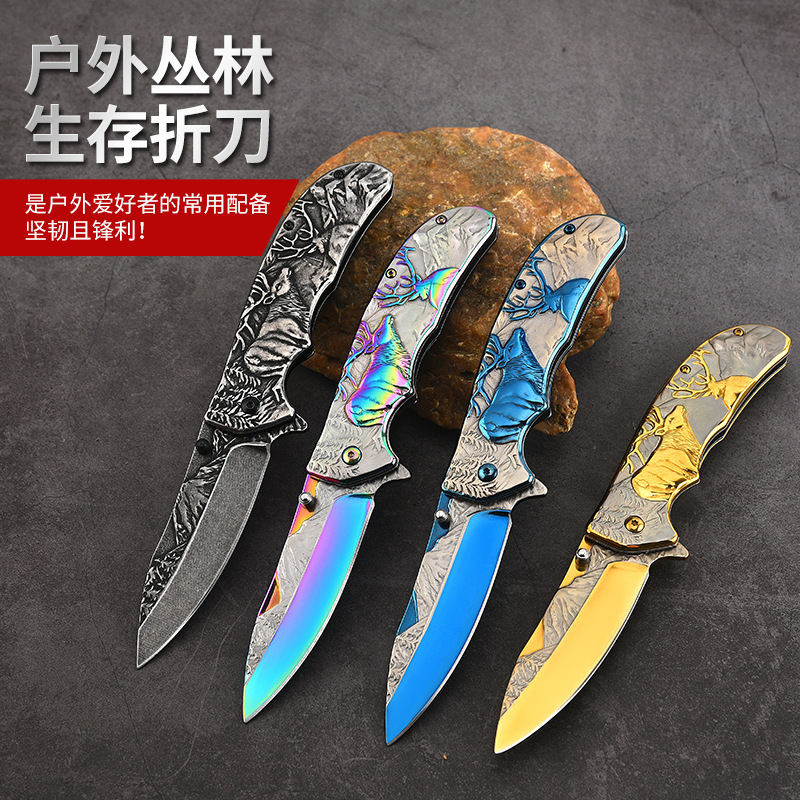 野营户外折刀不锈钢刀具 野外防身刀便携折叠刀丛林生存刀批发