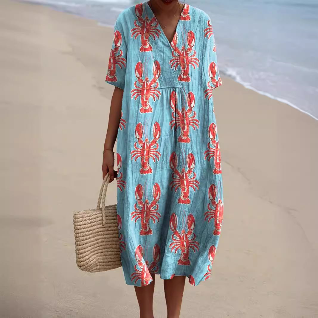 Plus Size Women's Shirt Pocket Short Sleeve Dress Marine Element Fish Resort Style Dress_ecoleips.com