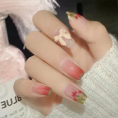 Nail Art Sticker Soft Gel Nails 24 Pieces False Nails Wearable Nails Fresh Pink Transparent Green Butterfly Bow Wholesale Complete Box Packaging