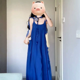 原版做法有内里克莱因蓝吊带连衣裙法式海边度假气质宽松露背长裙