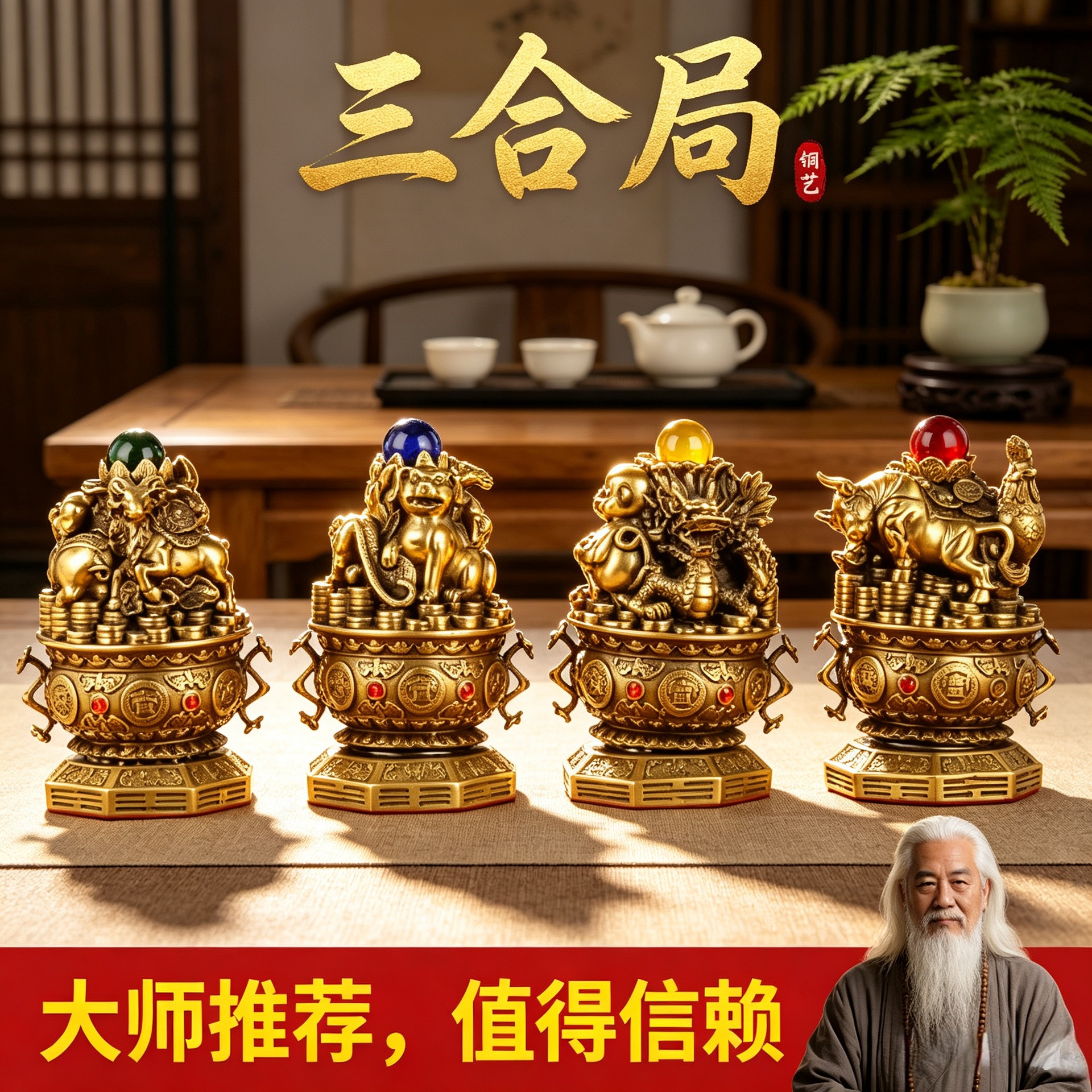 生肖蛇鸡牛龙鼠猴马虎狗羊兔猪吉祥摆设黄铜三合护岁贵人三合摆件