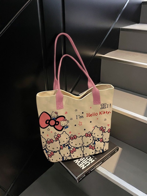 新款Hello Kitty印花帆布包可爱卡通单肩托特包大容量手提包|undefined