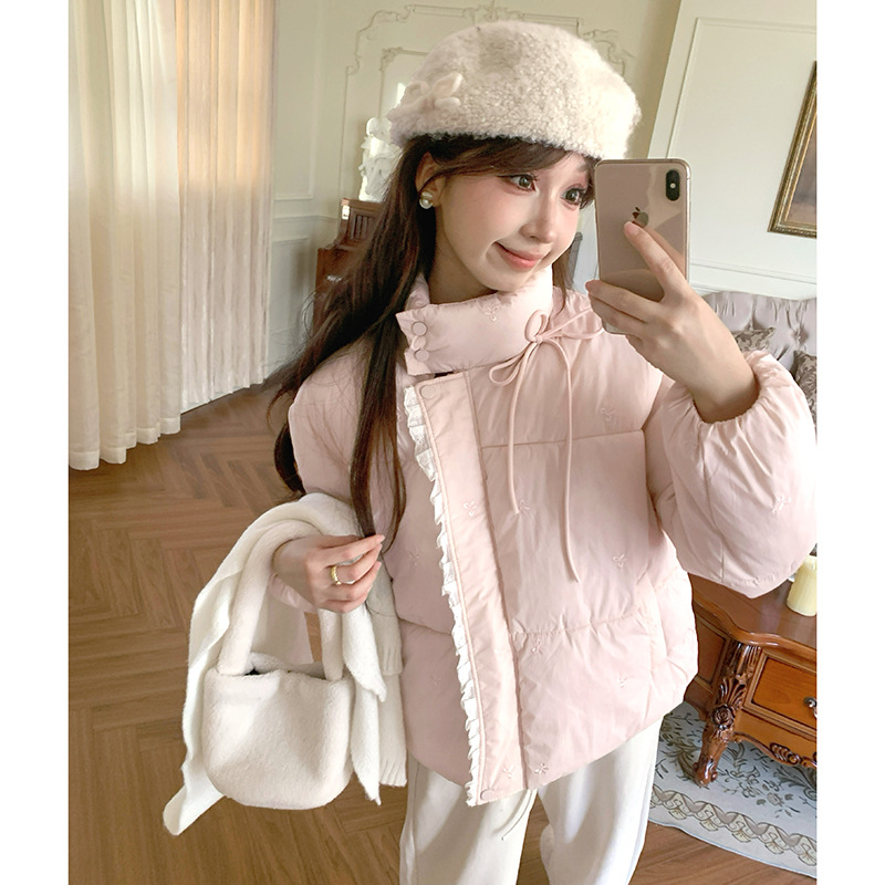 Sensación de la niña dulce arco rosa bordado ropa de algodón mujer invierno nuevo abrigo de algodón suelto y versátil chaqueta de algodón abrigo corto