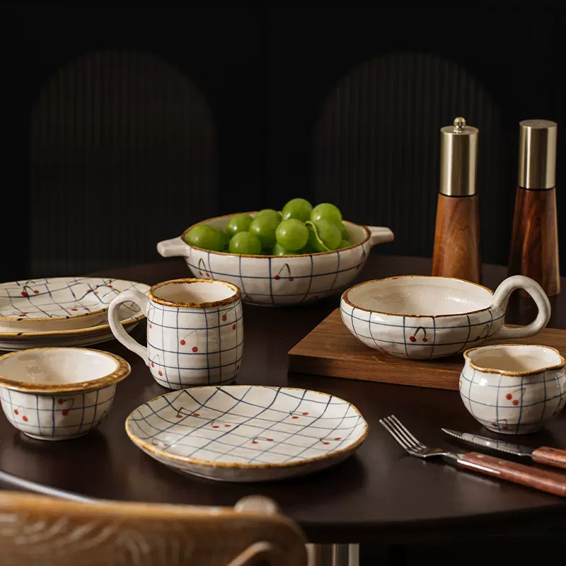 定制手捏陶瓷咖啡杯碟碗盘套装田园风方格樱桃图案马克杯茶杯子
