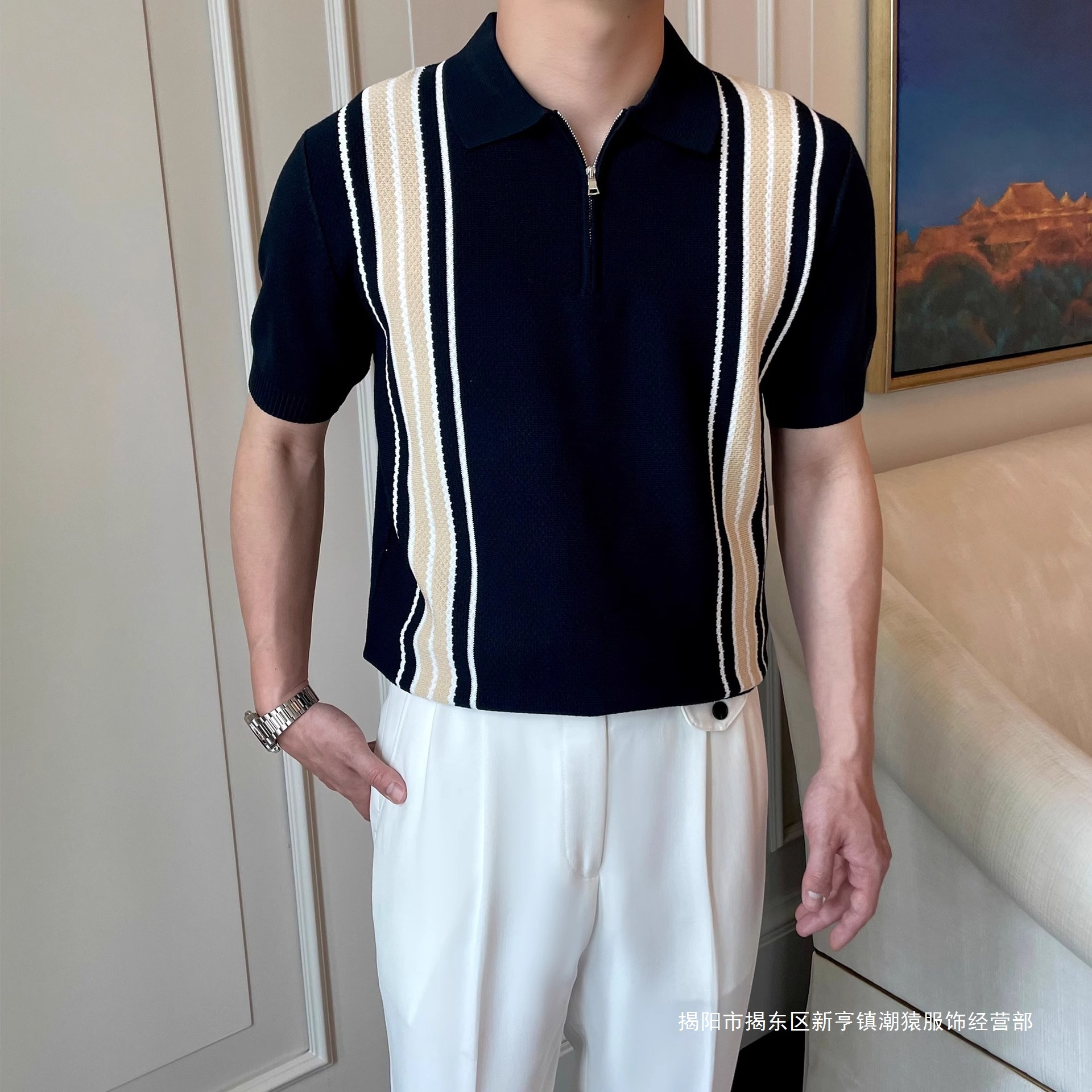 ライト高級半袖ポロシャツメンズ夏ハーフジップラペルストライプ通気性カジュアルニットトップ Tシャツドロップシッピング