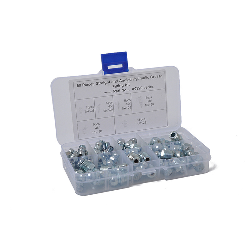 跨境6种规格黄油嘴六角头英制1/8"-28 45°电镀蓝锌铁油嘴50只装