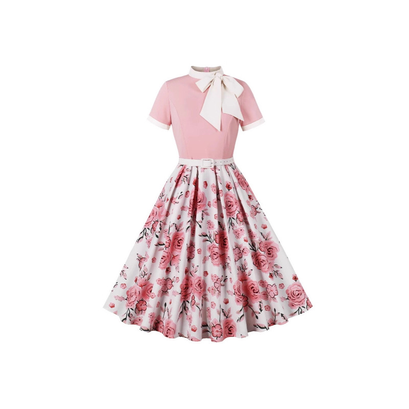 Amazon Cross-Border European and American Retro Dress for Women 2025 New Hepburn Printed Floral Polka Dot Bow Skirt