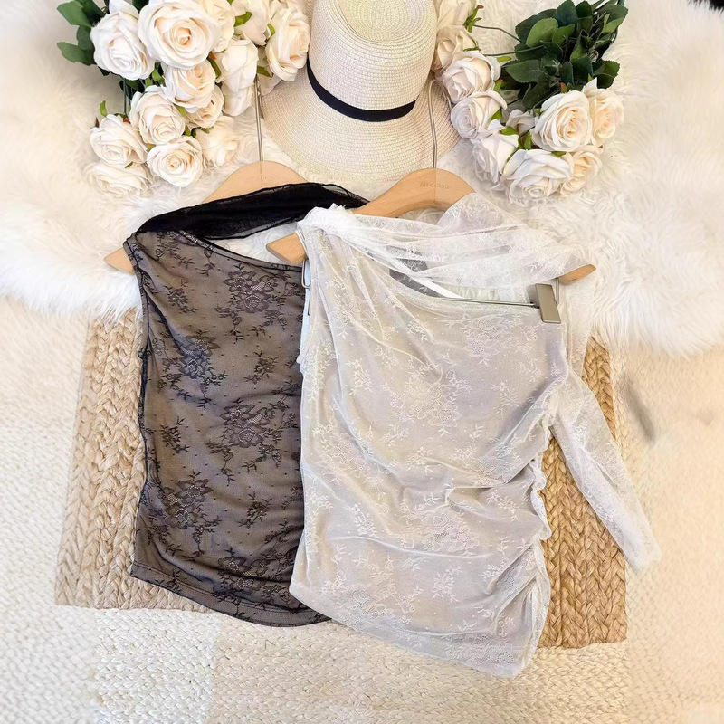 European and American Cross-Border 2025 Spring/Summer New Women's Slim-Fit Black Velvet Mesh Color-Block Lace Tank Top