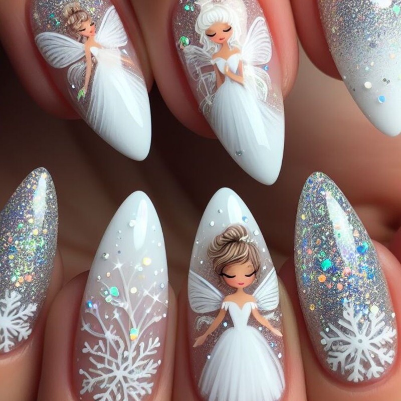 Winter Christmas Cartoon Christmas Fairy White Snowflake Nail Sticker Silver Glitter White Wings Elf Water Drop Nail