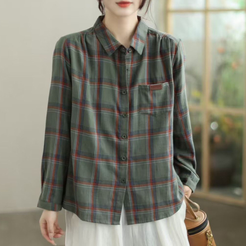 复古格子双层棉宽松衬衫女春秋新款休闲减龄叠穿衬衣长袖上衣|undefined