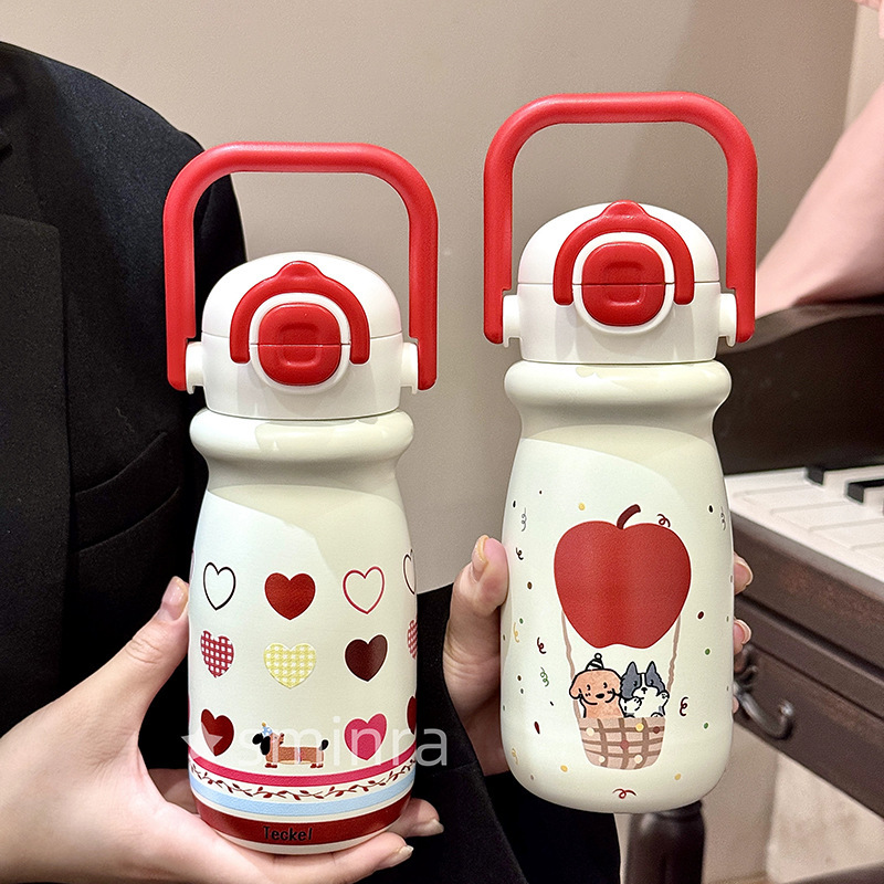 女子学生高颜値ハンドル保温カップ新学生携帯316ステンレス児童かわいいストローがポットを持っている|undefined