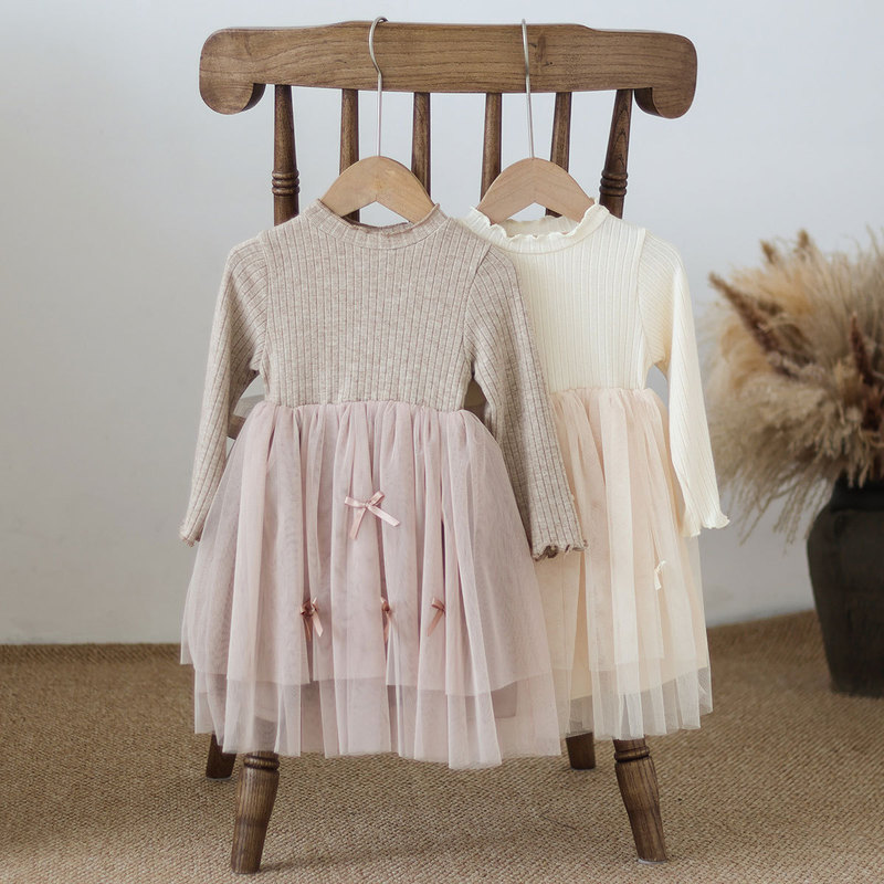 Girls' Spring and Autumn New Arrival dress Western-Style Wood-Ear Long-Sleeved Skirt for Infants and Young Children Base Outer Wear Princess Mesh Skirt