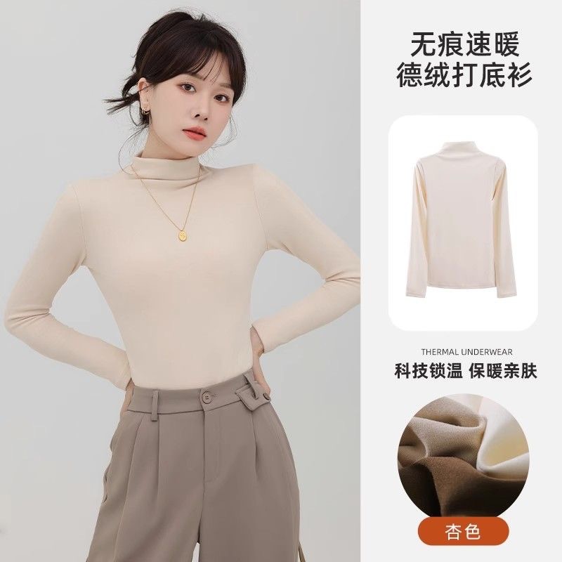 Pesado con camisa de terciopelo de doble cara multicolor de terciopelo caliente camiseta de fondo de cuello medio alto camiseta de manga larga de moda femenina image 5