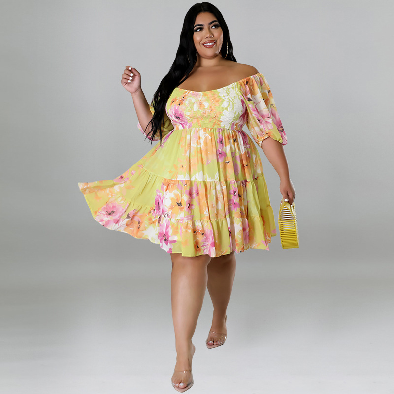 Plus Size Off Shoulder Floral Dress With Puff Sleeves, Flowy Swing Midi Dress For Women_ecoleips.com