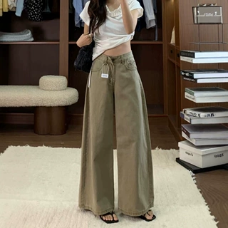 卡其色高腰阔腿牛仔裤女夏季宽松垂感直筒拖地裤梨形身材百搭显瘦