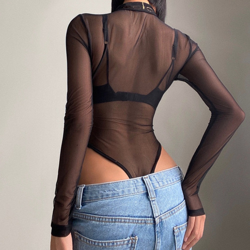 2022 cross-border Amazon foreign trade new see-through mesh sexy top zipper splicing design long-sleeved jumpsuit