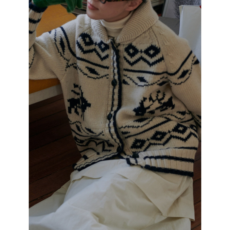 Vintage Nordic Chunky Knit Moose Jacquard Wool Cardigan Thick Sweater Jacket Casual Versatile