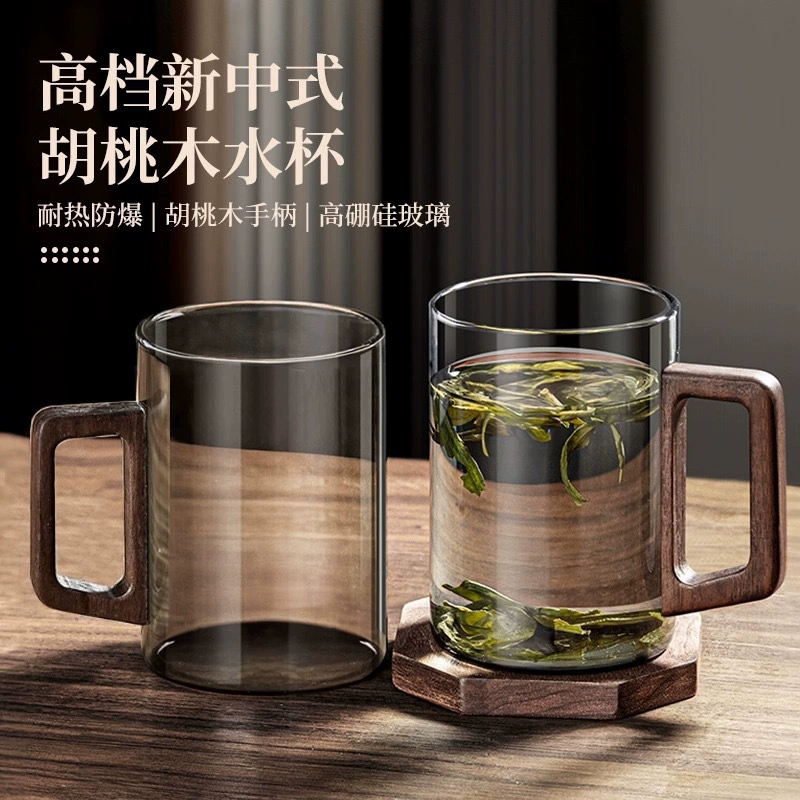 Деревянная чашка зеленого чая с высоким содержанием боросиликатного стеклянного стакана Мужская чайная церемония чая чай чашка грецкого ореха стеклянная ручка
