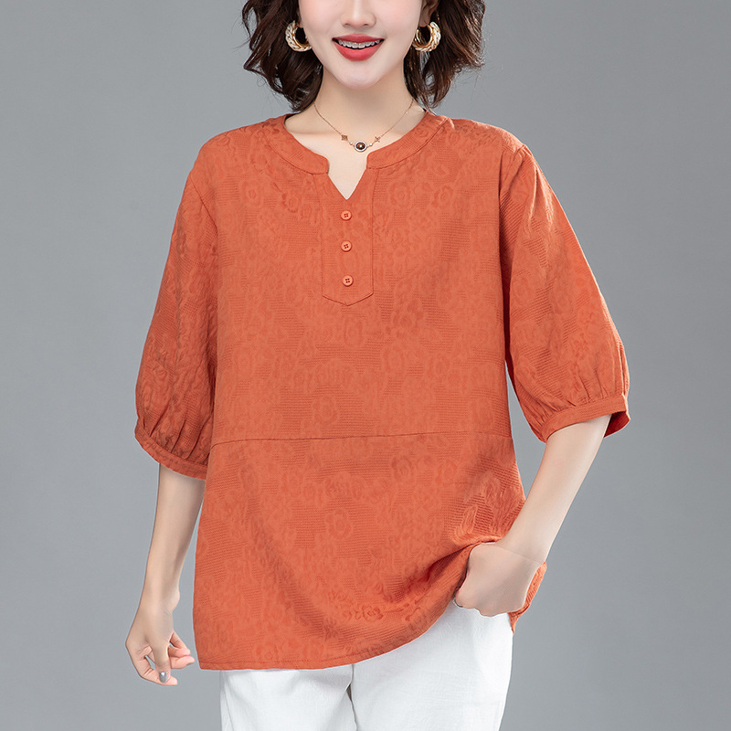Lady Middle-aged Women's Mother Short-sleeved Shirt Women's Lasel High-end Linen Plus Size Cotton Linen Top for Summer