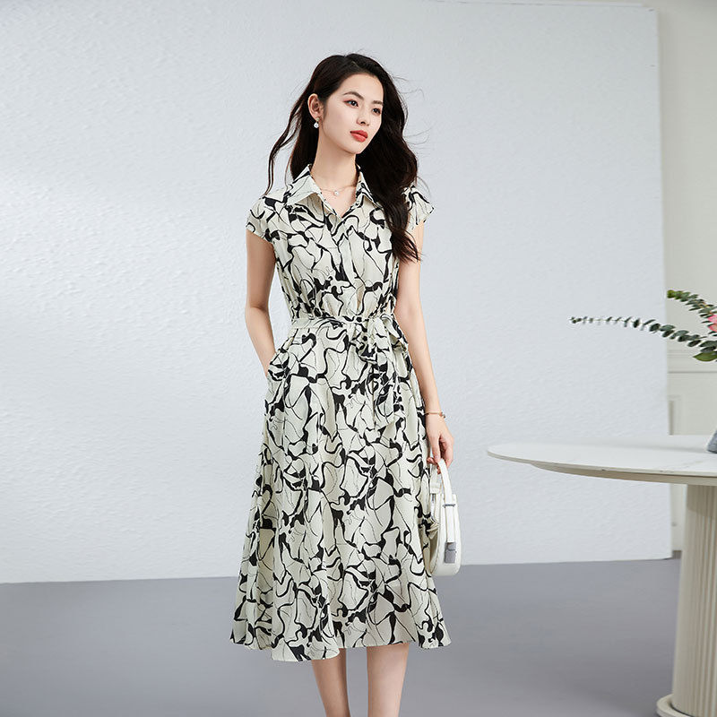 Silk dress Women's Young Summer Fashionable Loose Breathable High-end Mulberry Silk Floral Mid-length Shirt Dress