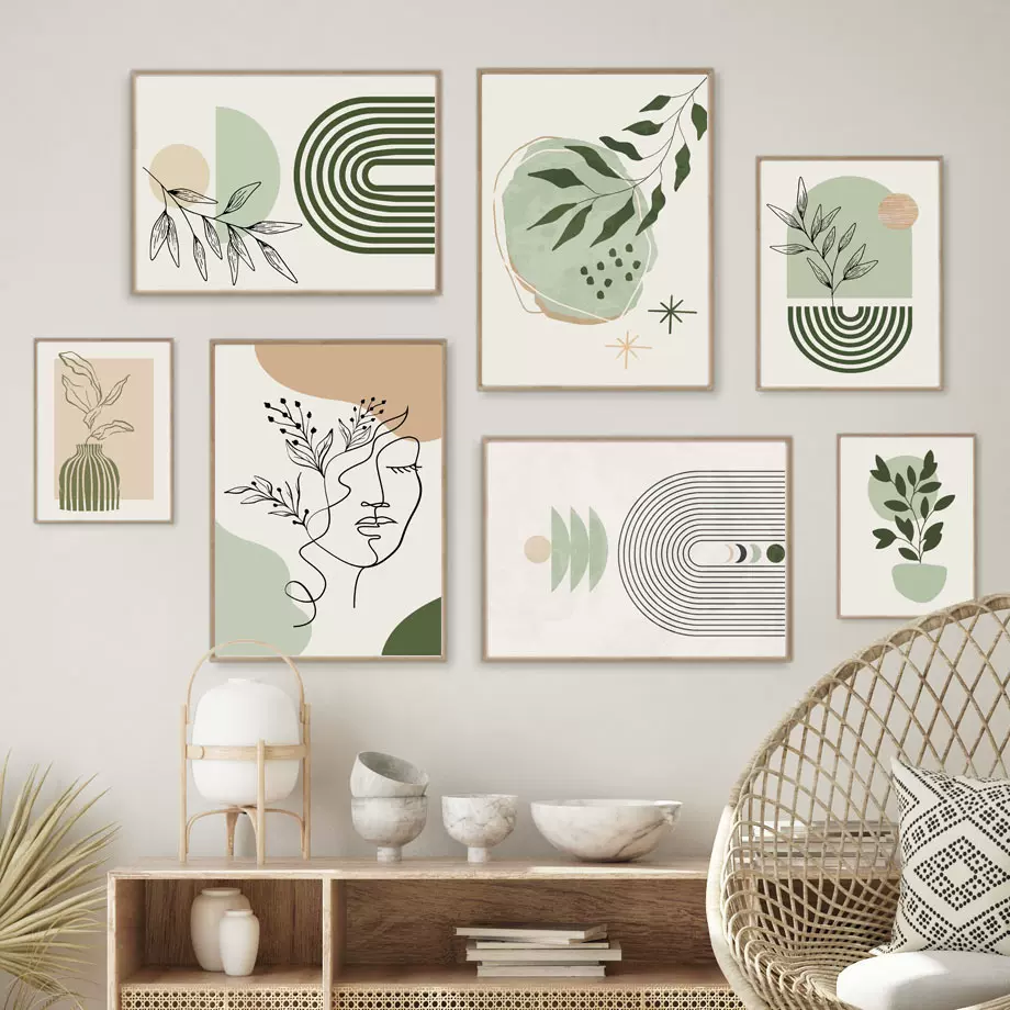 北欧风现代抽象莫兰迪色帆布画简约几何线条植物客厅高清喷绘画芯
