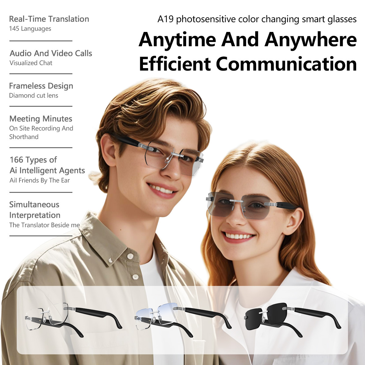 Ai Translation Smart Glasses Ai Meeting Record Multifunctional Audio Glasses Bluetooth Wireless Driving and Answering Calls Universal