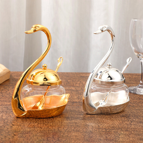 European alloy swan sugar cup condiment bottle new style home hotel zinc alloy glass condiment box directly supplied by the manufacturer